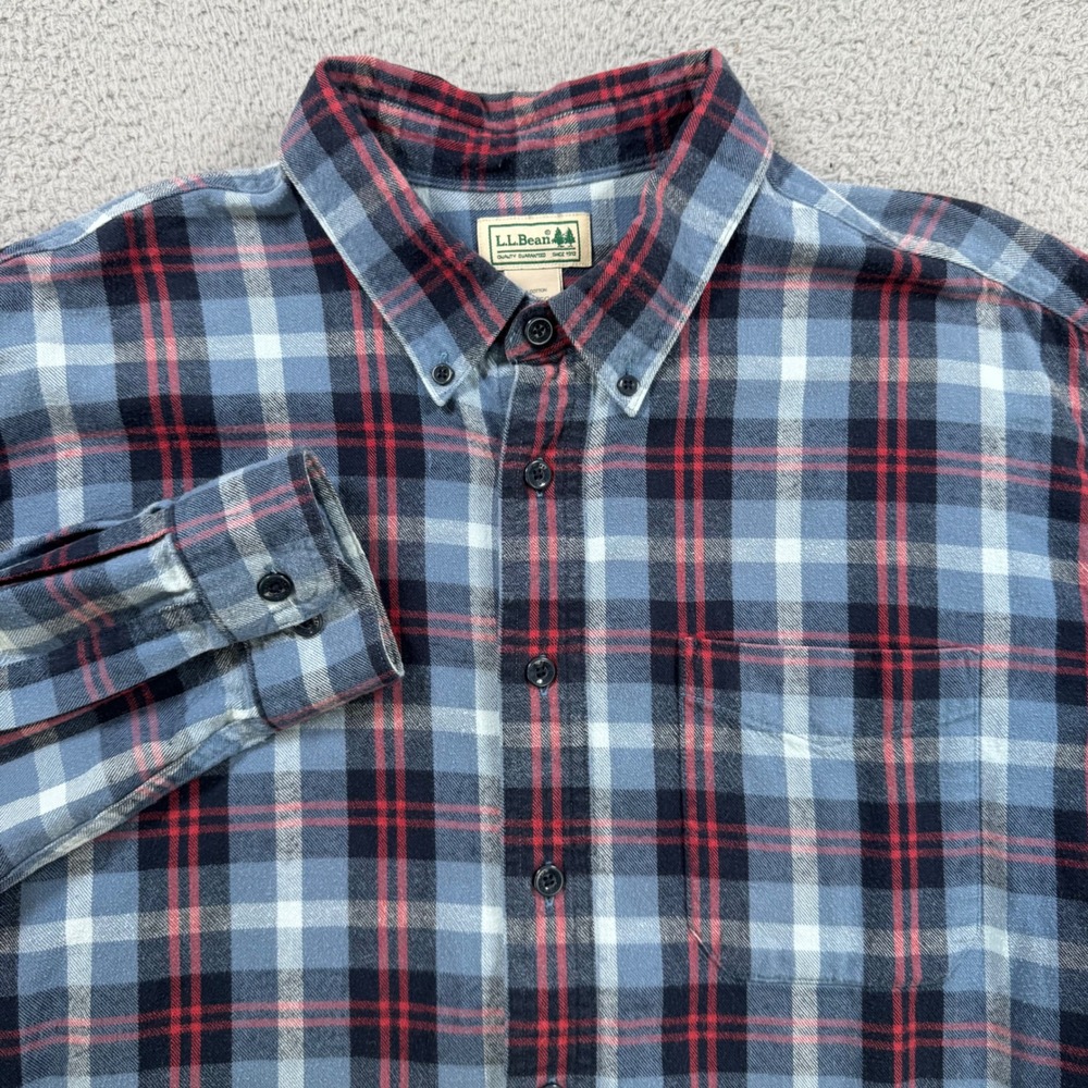 LL Bean Flannel Shirt Mens XL Blue Red Plaid Long Sleeve Button Down Cotton